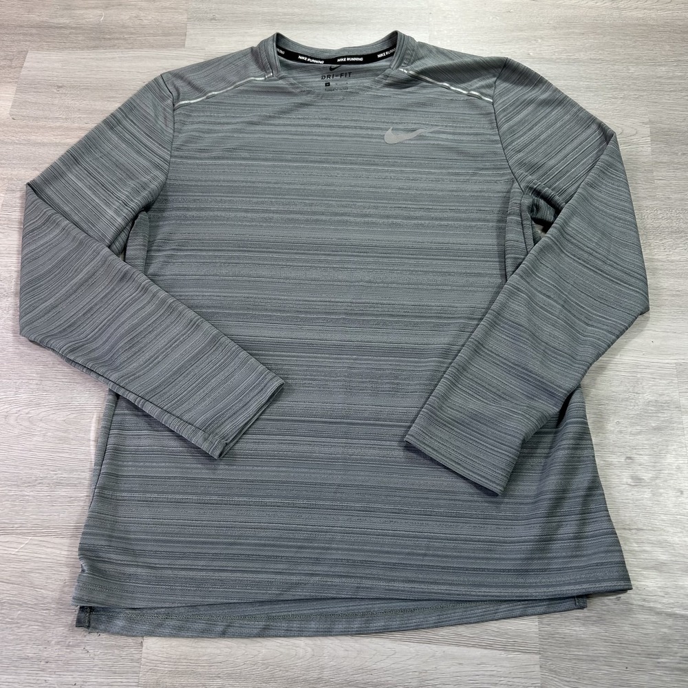 Nike Dri-FIT Running Shirt Mens Medium Gray Striped Long Sleeve Top CU0318-084